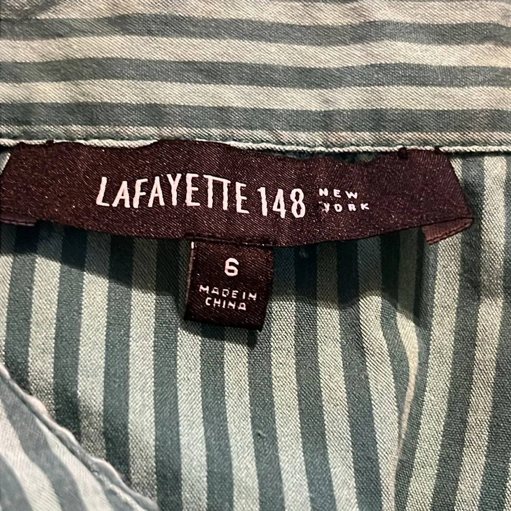 Lafayette 148 Women’s Green Stripe Hidden Button Up Long Sleeve Collar Shirt‎ 6 - Picture 3 of 7